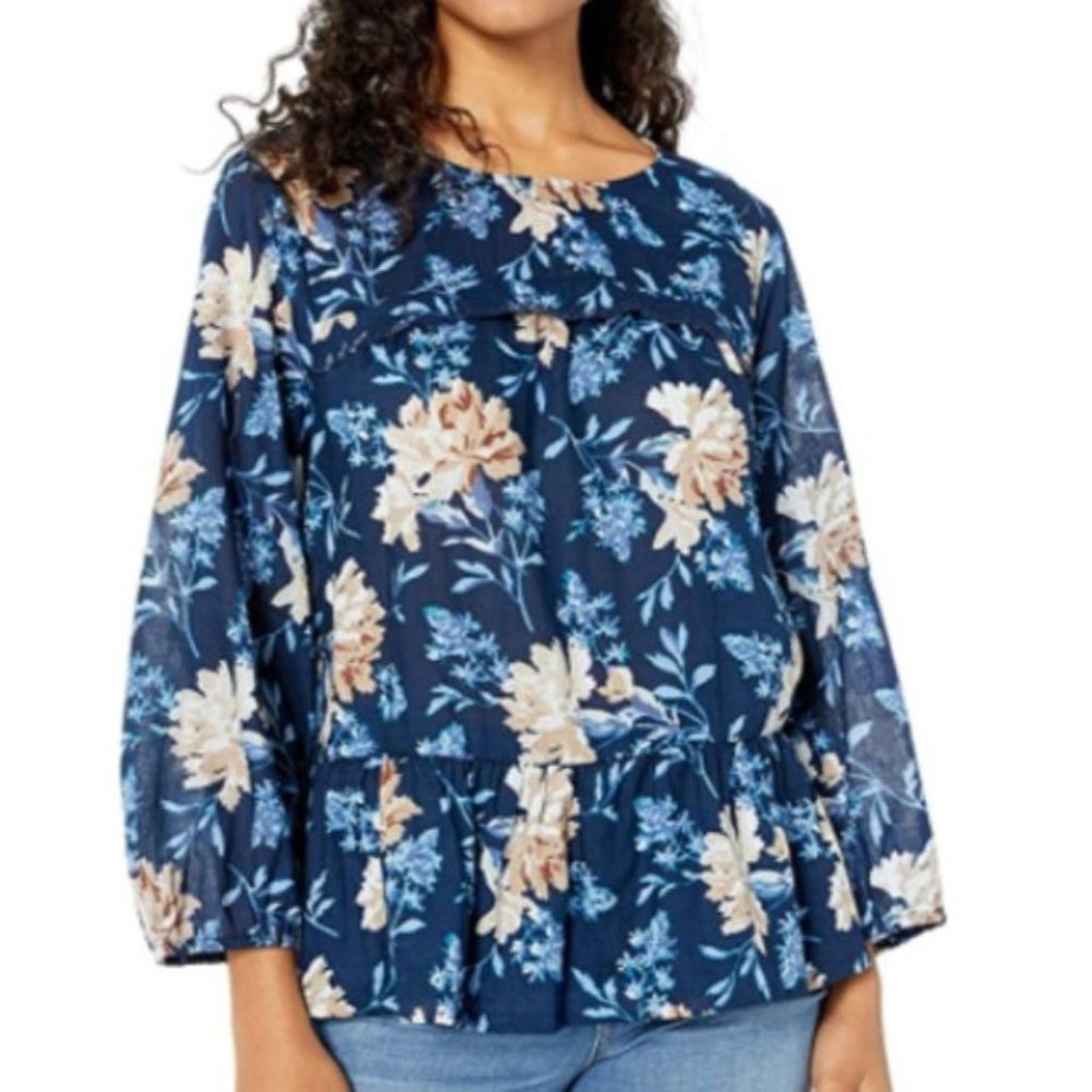 NWT Navy Blue Floral Print Lucky Brand Peplum Top. - Picture 6 of 6